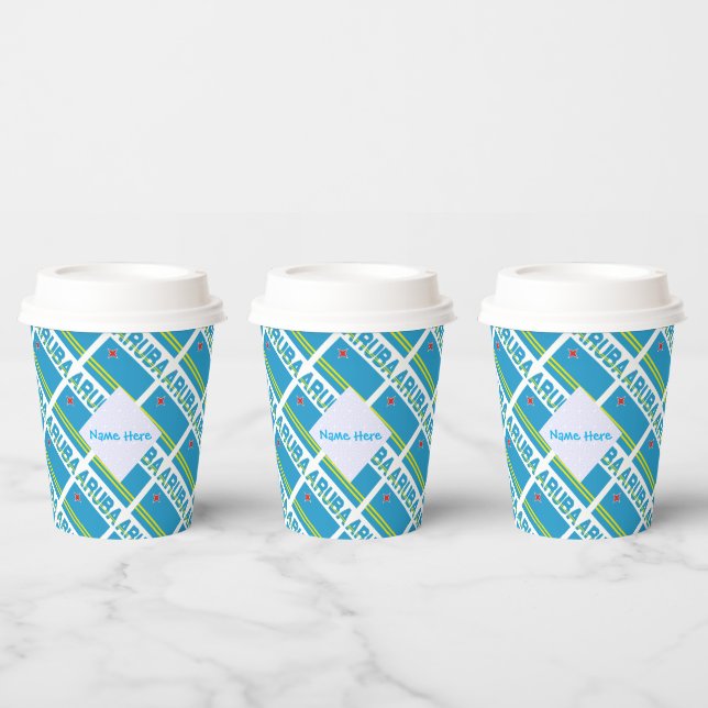 Personalised Blue Name Aruba Flag Tiled Party Paper Cups (Multi)