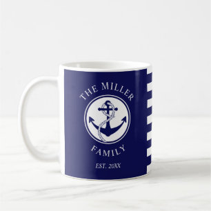 Personalised Blue Nautical Anchor Family Name Coffee Mug