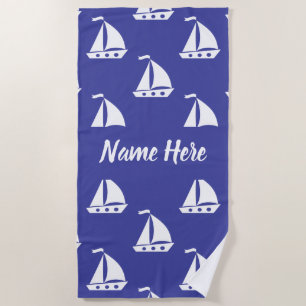 Personalised blue nautical with custom name beach towel