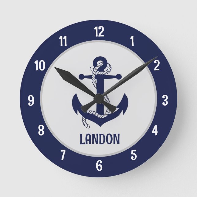 Personalised blue navy nautical marine anchor  rou round clock (Front)