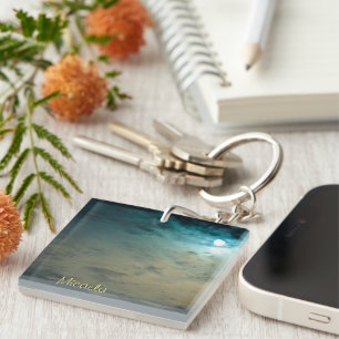 Personalised Blue Ocean Waves w/ Moon Key Ring
