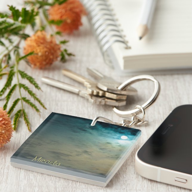 Personalised Blue Ocean Waves w/ Moon Key Ring (Front Right)