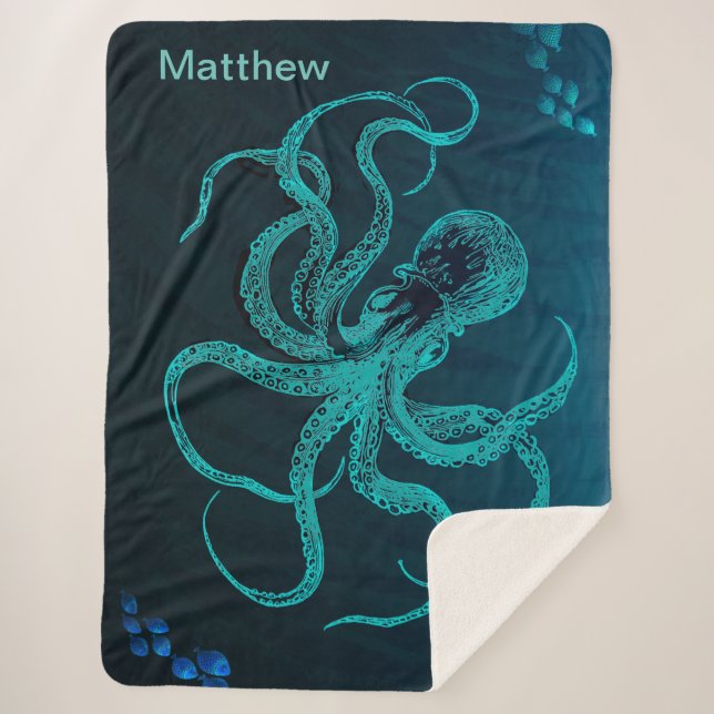Personalised Blue Octopus Sherpa Blanket (Front)