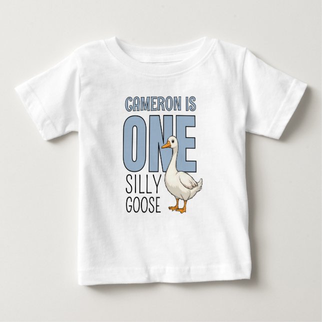 Personalised Blue One Silly Goose First Birthday Baby T-Shirt (Front)