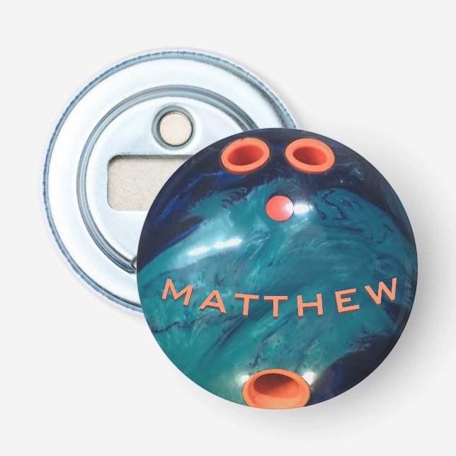 Personalised Blue Orang Bowling Ball Bottle Opener (Front)