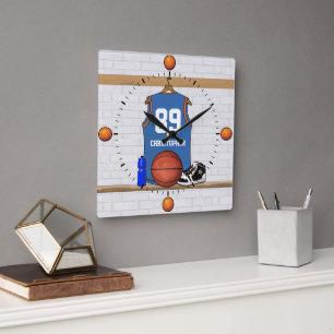 Personalised blue orange  Basketball Jersey wall c Square Wall Clock