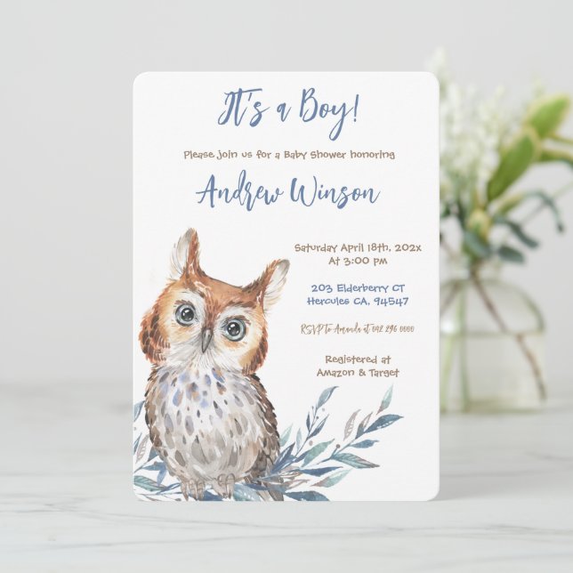Personalised Blue Owl Baby Shower Invitation (Standing Front)