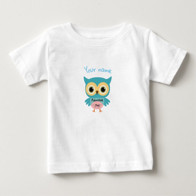 Personalised blue owl white baby T-Shirt (Front)