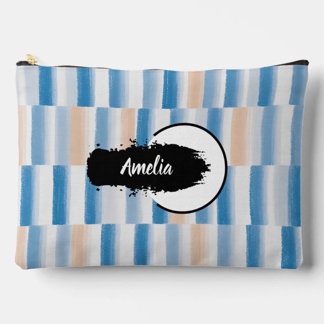 Personalised Blue Peach Watercolor Striped Large Accessory Pouch (Front)