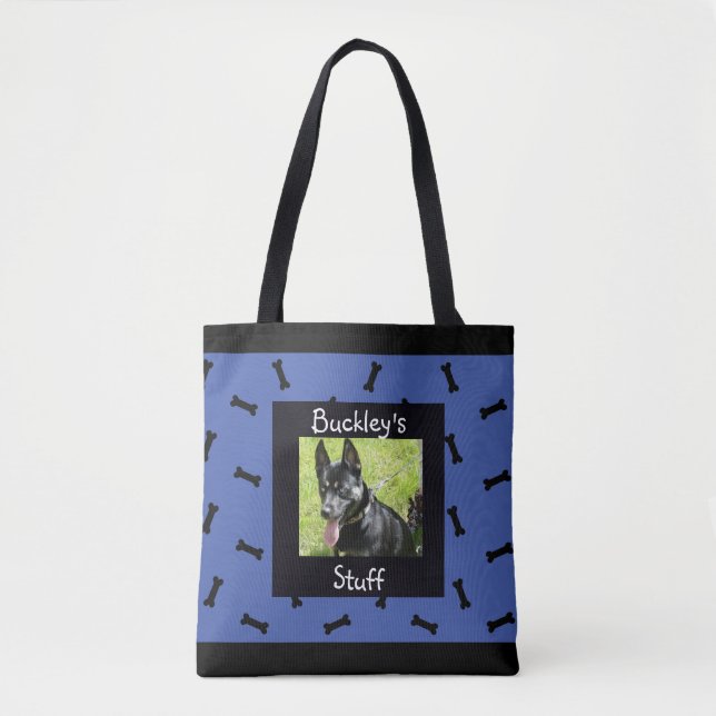 Personalised Blue Pet Photo Dog Bone Tote Bag (Front)