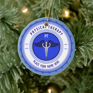 Personalised Blue Physical Therapy Caduceus Ceramic Ornament