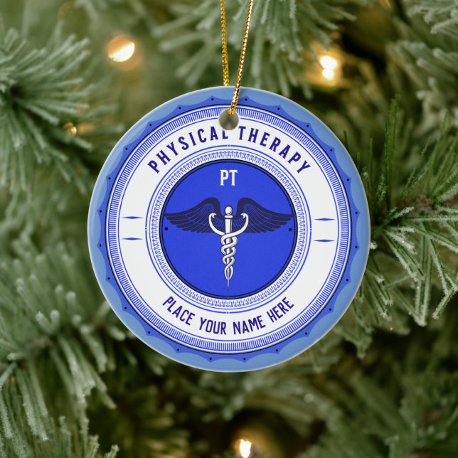 Personalised Blue Physical Therapy Caduceus Ceramic Ornament (Tree)
