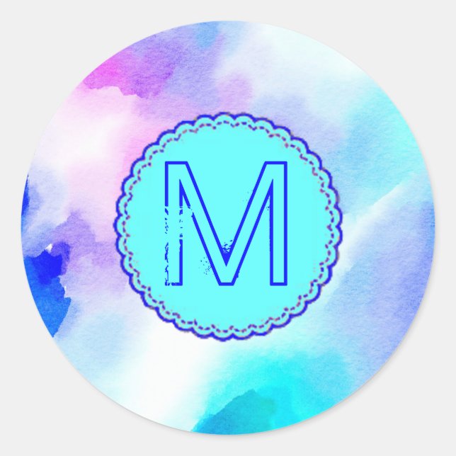 Personalised Blue, Pink and Aqua Water Colour Classic Round Sticker (Front)