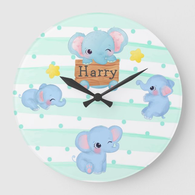 Personalised Blue Pink Baby Elephant Nursery Kids Large Clock (Front)