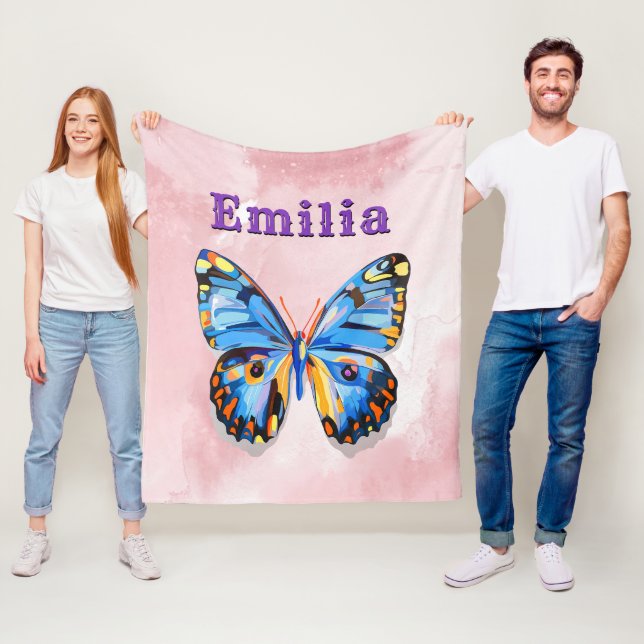 Personalised Blue Pink Butterfly Custom Preppy Fleece Blanket (In Situ)