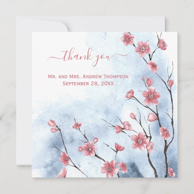 Personalised Blue Pink Floral Wedding Thank you  Card (Front)
