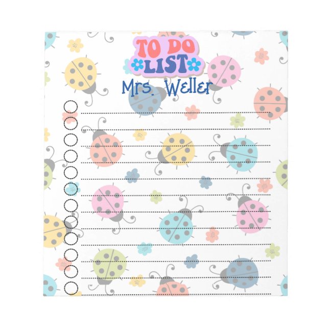 Personalised Blue, Pink, Purple Ladybug To-do List Notepad (Front)