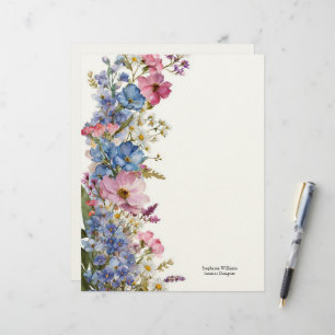 Personalised Blue Pink White Wildflowers Florals Custom Letterhead