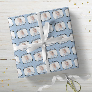 Personalised Blue Plaid Baby Birthday Photo Wrapping Paper