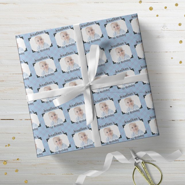 Personalised Blue Plaid Baby Birthday Photo Wrapping Paper (Creator Uploaded)