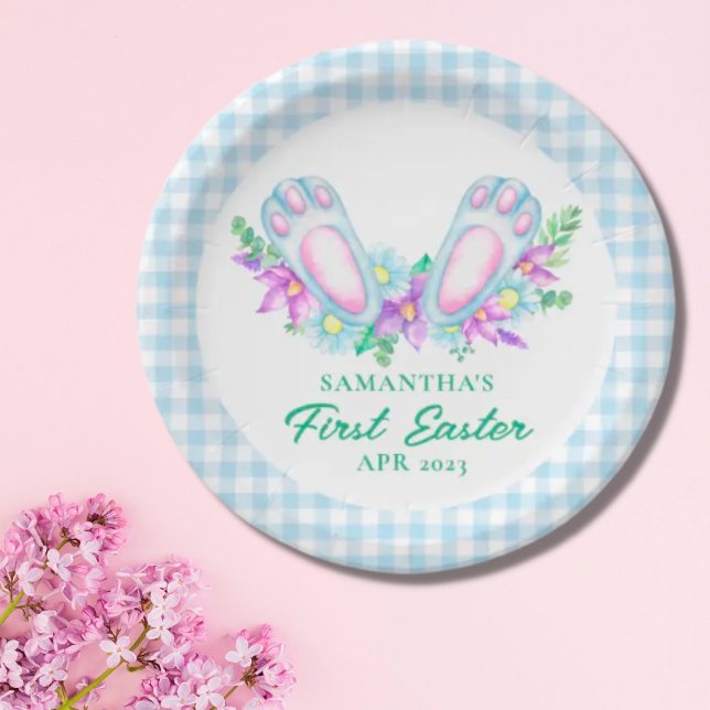 Personalised Blue Plaid Bunny Feet My First Easter Paper Plate (Creator Uploaded)