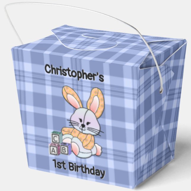 Personalised Blue Plaid Nursery Art - Bunny Favour Favour Box (Back)