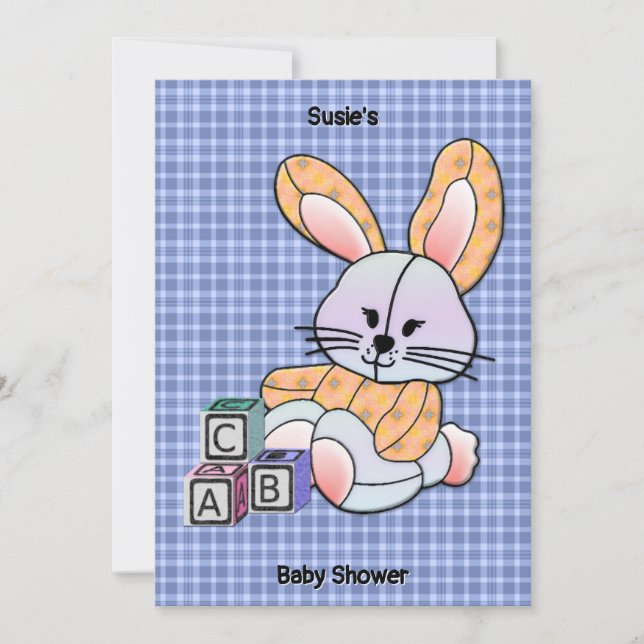 Personalised Blue Plaid Nursery Art - Bunny  Invitation (Front)