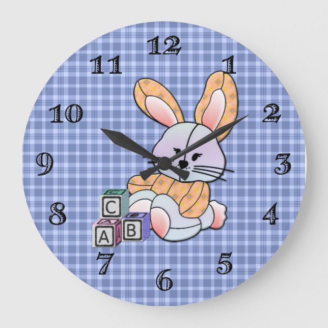 Personalised Blue Plaid Nursery Art - Bunny Large Clock (Front)