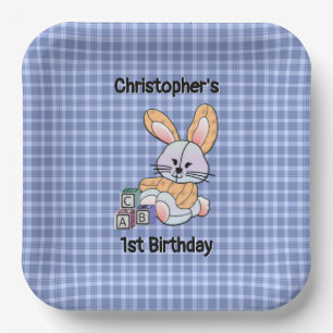 Personalised Blue Plaid Nursery Art - Bunny Paper Paper Plate