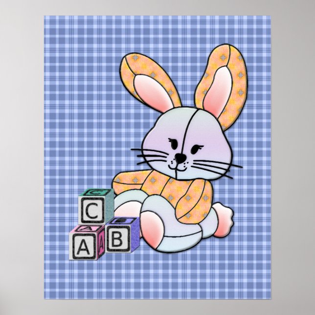 Personalised Blue Plaid Nursery Art - Bunny Poster (Front)