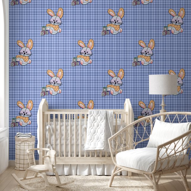 Personalised Blue Plaid Nursery Art - Bunny Wallpaper (Kids)