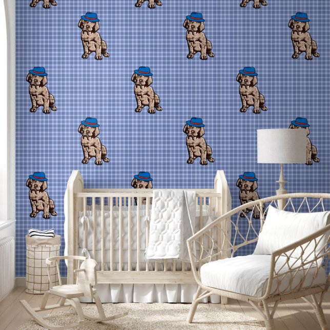 Personalised Blue Plaid Nursery Art - Dog  Wallpaper (Kids)
