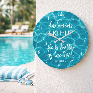 Personalised Blue Pool Family Name Tiki Hut Large Clock