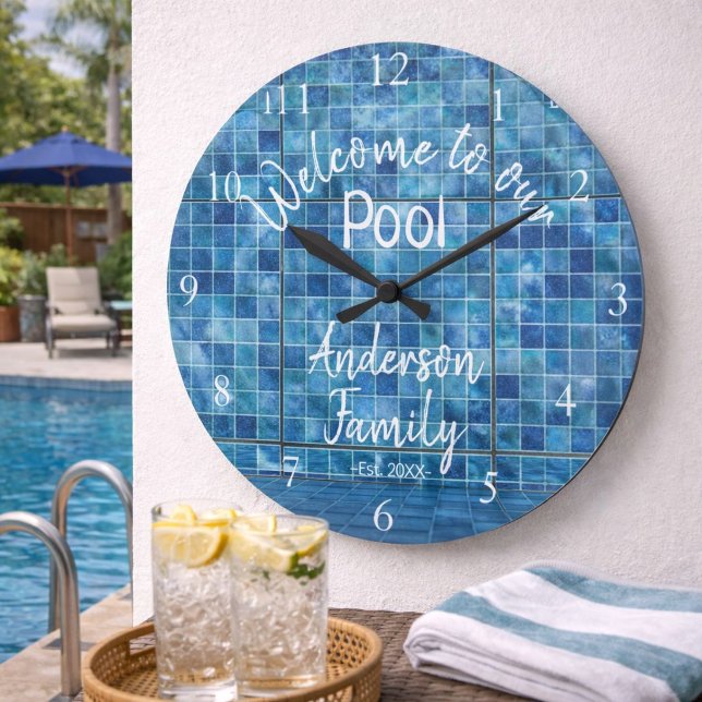 Personalised Blue Pool Water Welcome to our Pool Large Clock (Creator Uploaded)