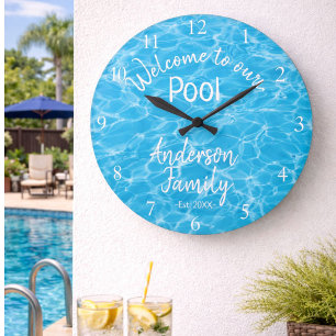 Personalised Blue Pool Water Welcome to our Pool Large Clock