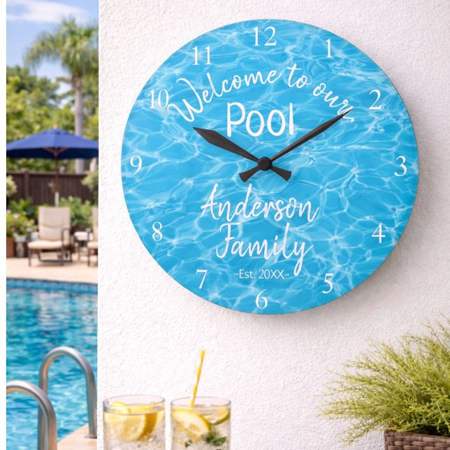 Personalised Blue Pool Water Welcome to our Pool Large Clock (Creator Uploaded)