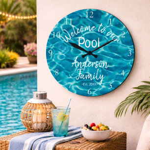 Personalised Blue Pool Water Welcome to our Pool Large Clock