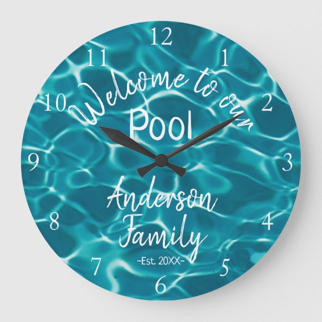 Personalised Blue Pool Water Welcome to our Pool Large Clock (Front)
