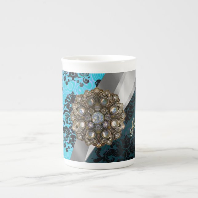 Personalised blue pretty girly damask pattern bone china mug (Front)
