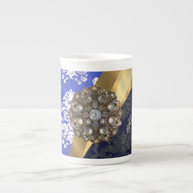 Personalised blue pretty girly damask pattern bone china mug (Front)