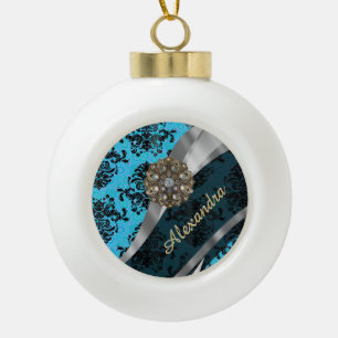 Personalised blue pretty girly damask pattern ceramic ball christmas ornament