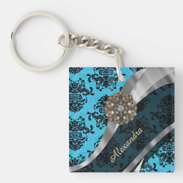 Personalised blue pretty girly damask pattern key ring (Front)