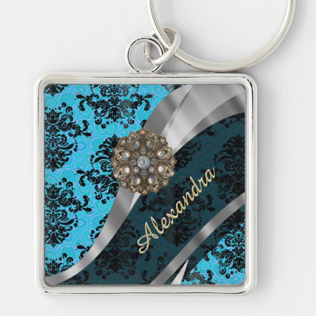 Personalised blue pretty girly damask pattern key ring (Front)