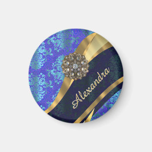 Personalised blue pretty girly damask pattern magnet