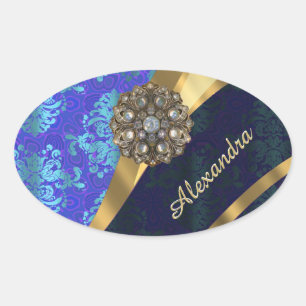 Personalised blue pretty girly damask pattern oval sticker