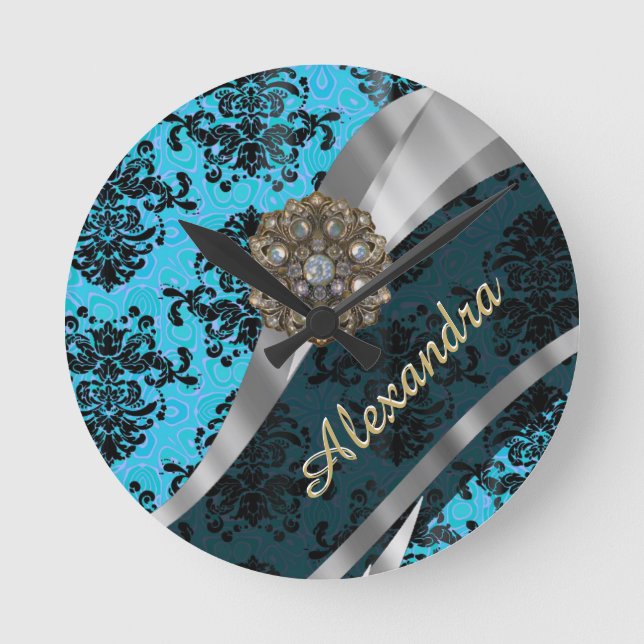Personalised blue pretty girly damask pattern round clock (Front)