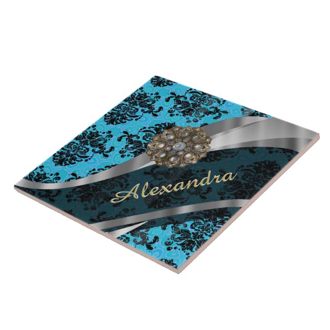 Personalised blue pretty girly damask pattern tile (Side)