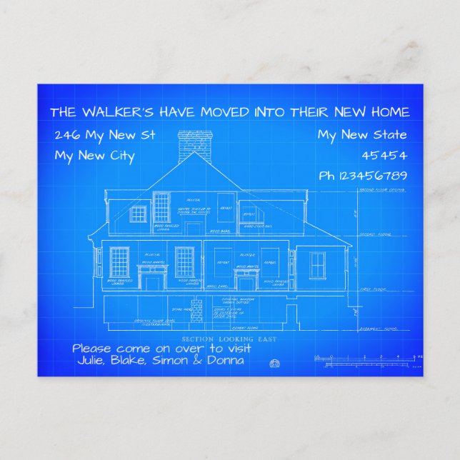 Personalised Blue Print Moving Notice, Trendy  Postcard (Front)