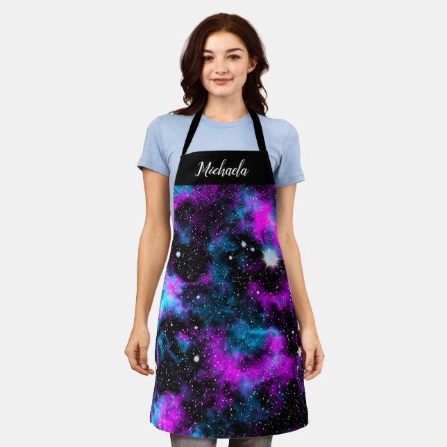 Personalised Blue Purple Galaxy Cosmos Apron (Worn)