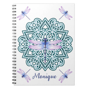 Personalised Blue Purple Mandala Dragonfly White Notebook